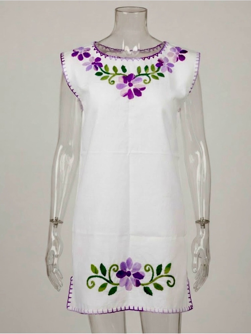 Girls Mexican Artisan Huipil Blouse White with Purple and Green Floral Embroider
